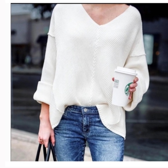 Free People La Brea V-neck Pullover Sweater Ivory Cream Size L-XL - Picture 3 of 14